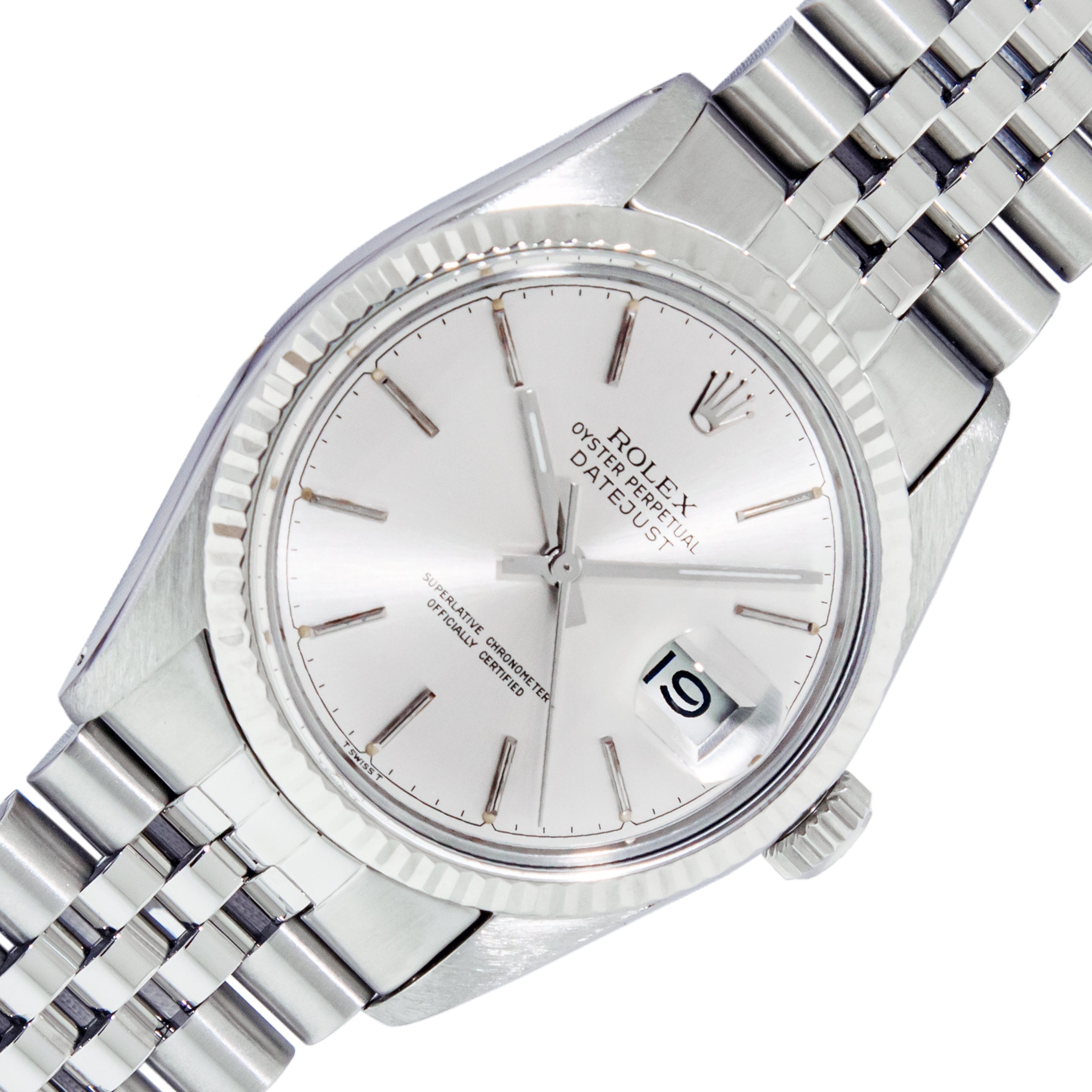 Rolex Mens Datejust Steel and White Gold Silver Index Fluted Bezel 16014